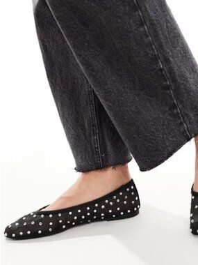 MNG Mango Black Mesh Rhinestone Ballet Flats Crystal Embellished Sheer Slip On